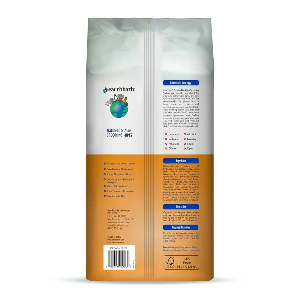 Earthbath Oatmeal & Aloe Vanilla & Almond Grooming Wipes for Dogs & Cats